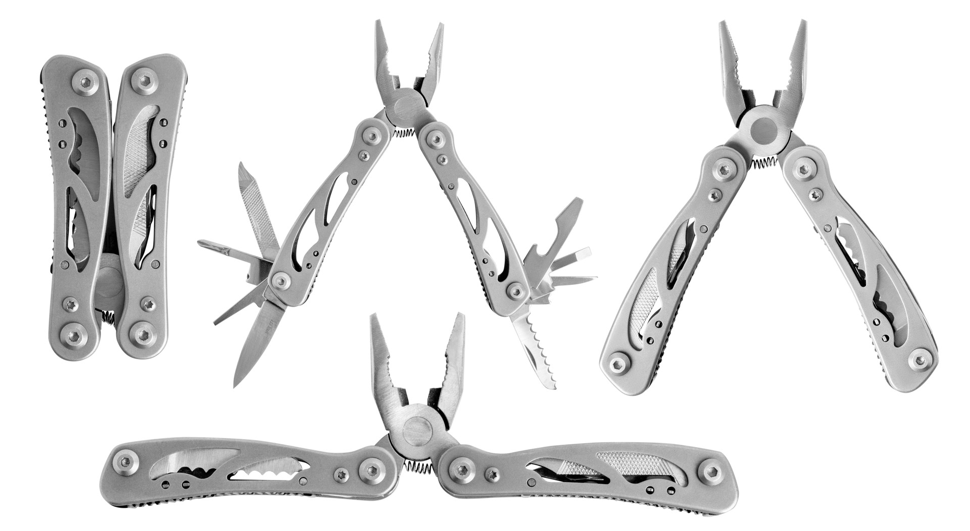 Set. Multitool. Folding multifunctional tool. Knife, pliers, taps, scabbard. Tourist tool. On an empty background.